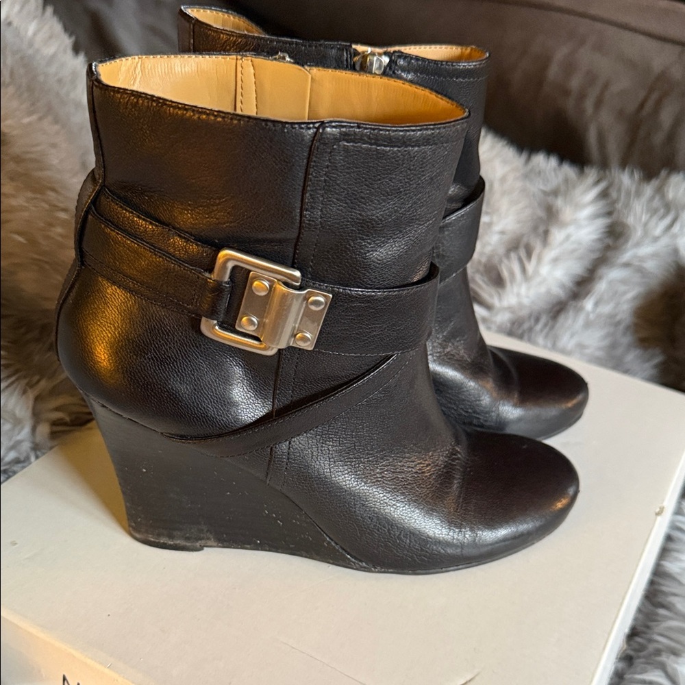 Nine West Black Leather Wedge Boots